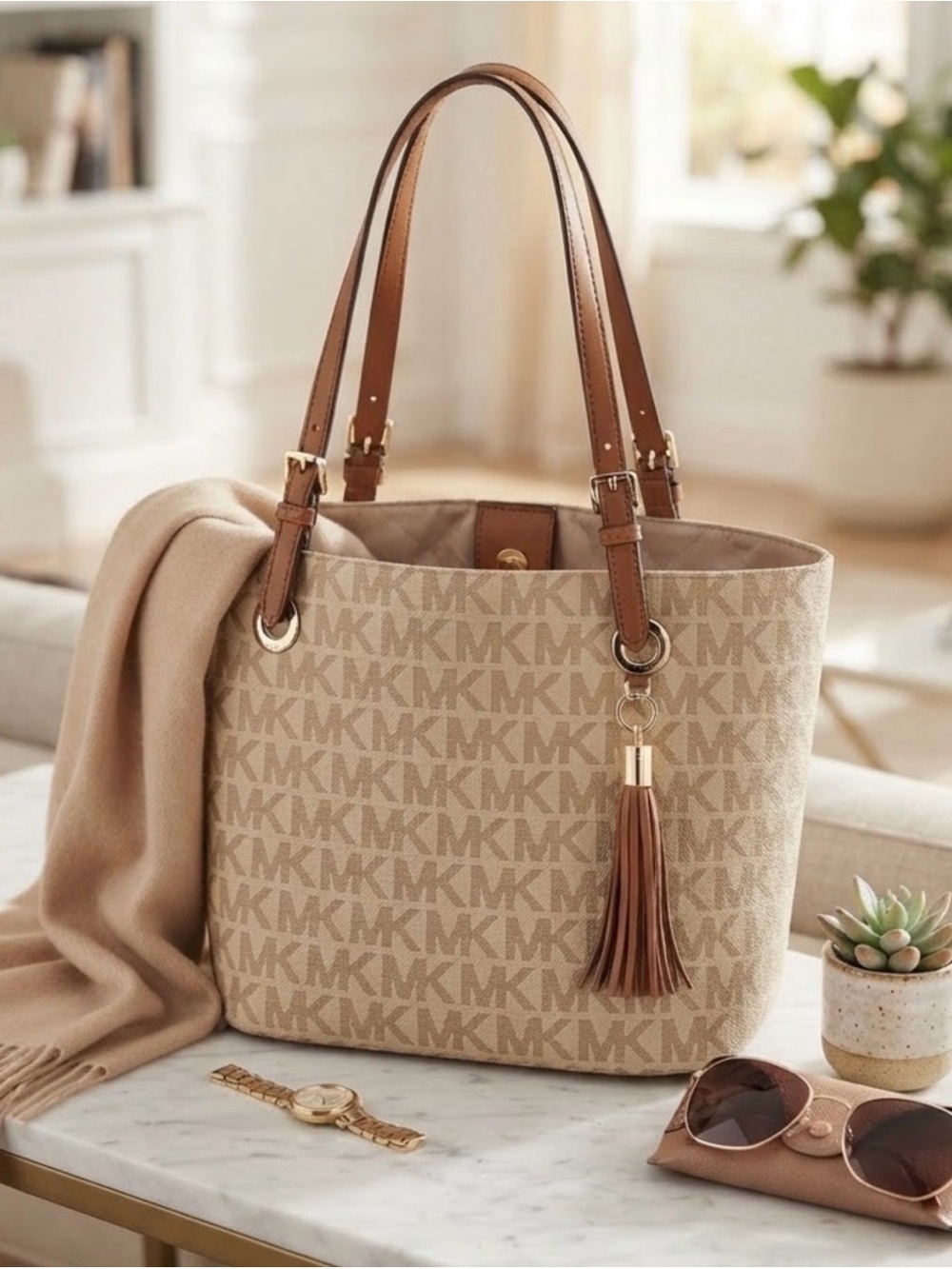 Auth Michael Kors Monogram Tan/Beige Signature Tote Bag with Tassel